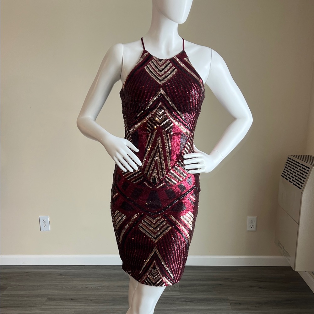 Bisou Bisou red sequin dress formal art deco date party.